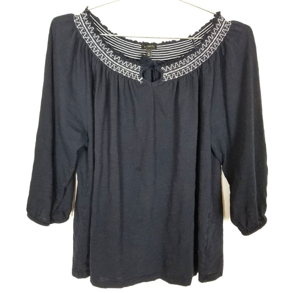 Talbots Women Tie Neck‎ Blouse Top Sz XL Navy 3/4 Sleeve Boho Pleasant